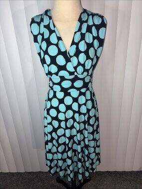 Roulette Turquoise Aqua Polka Dot Faux Wrap Midi Dress Medium